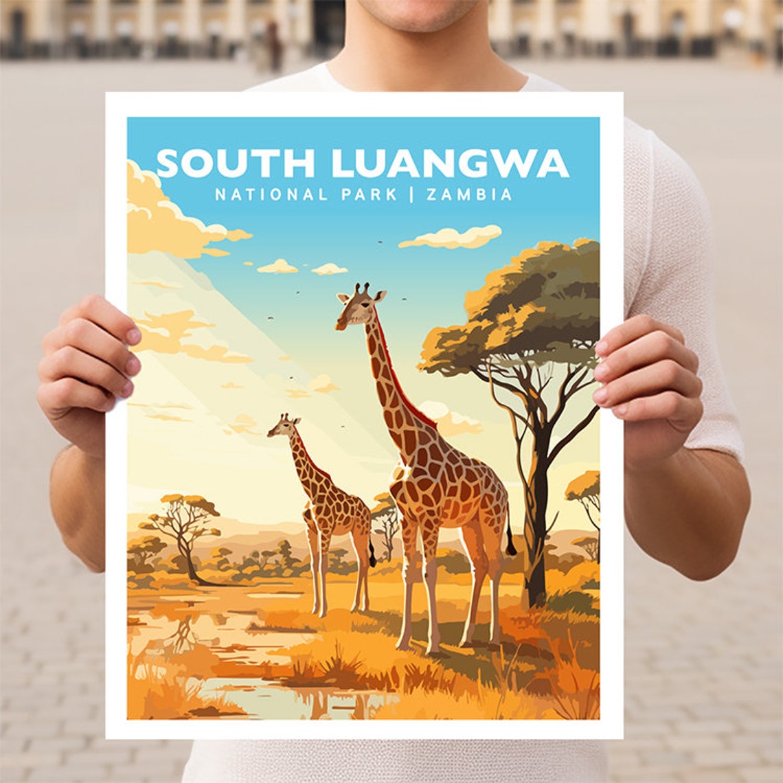 South Luangwa Zambia Giraffe Savanna Sunset Travel Art Poster