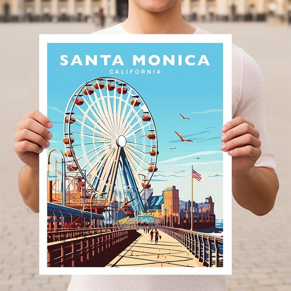 Santa Monica California Pier Ferris Wheel Boardwalk Sunset Travel Poster
