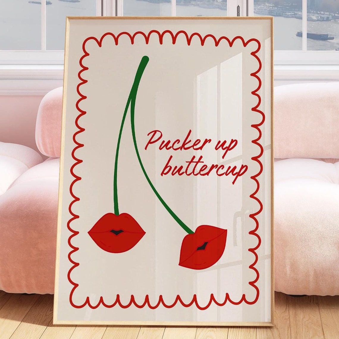 Pucker Up Buttercup Funny Cherry Wall Art Print Trendy Quote Poster Fun Bathroom Bedroom