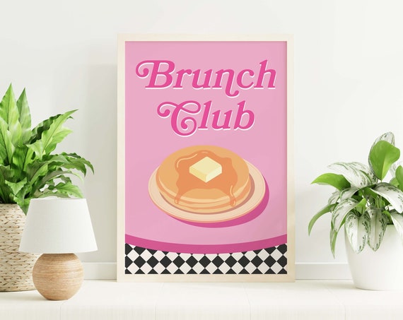 Brunch Club Print Art Pink Kitchen Food Decor Retro Breakfast Art Poster Pancakes Wall Art Cute Trendy Wall Art