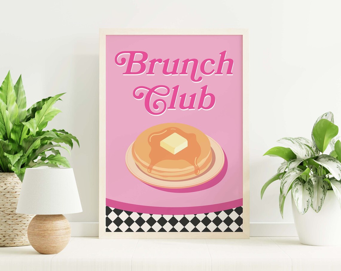 Brunch Club Pink Pancakes Retro Cute Kitchen Breakfast Food Art Poster