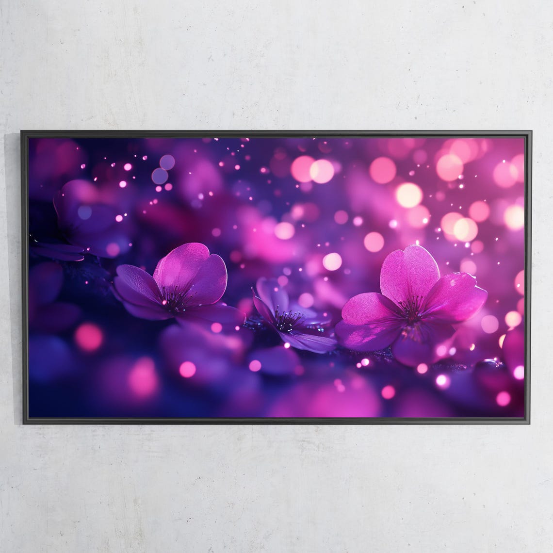 Purple Cherry Blossom Night Blooms Bokeh Glow Floral Wall Art Print - Image 3