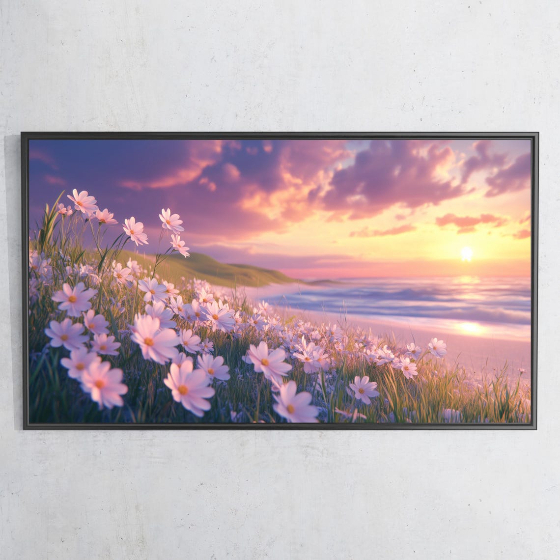 Beach Wildflowers Sunset Pink Sky Ocean Coastal Floral Wall Art Print - Image 3