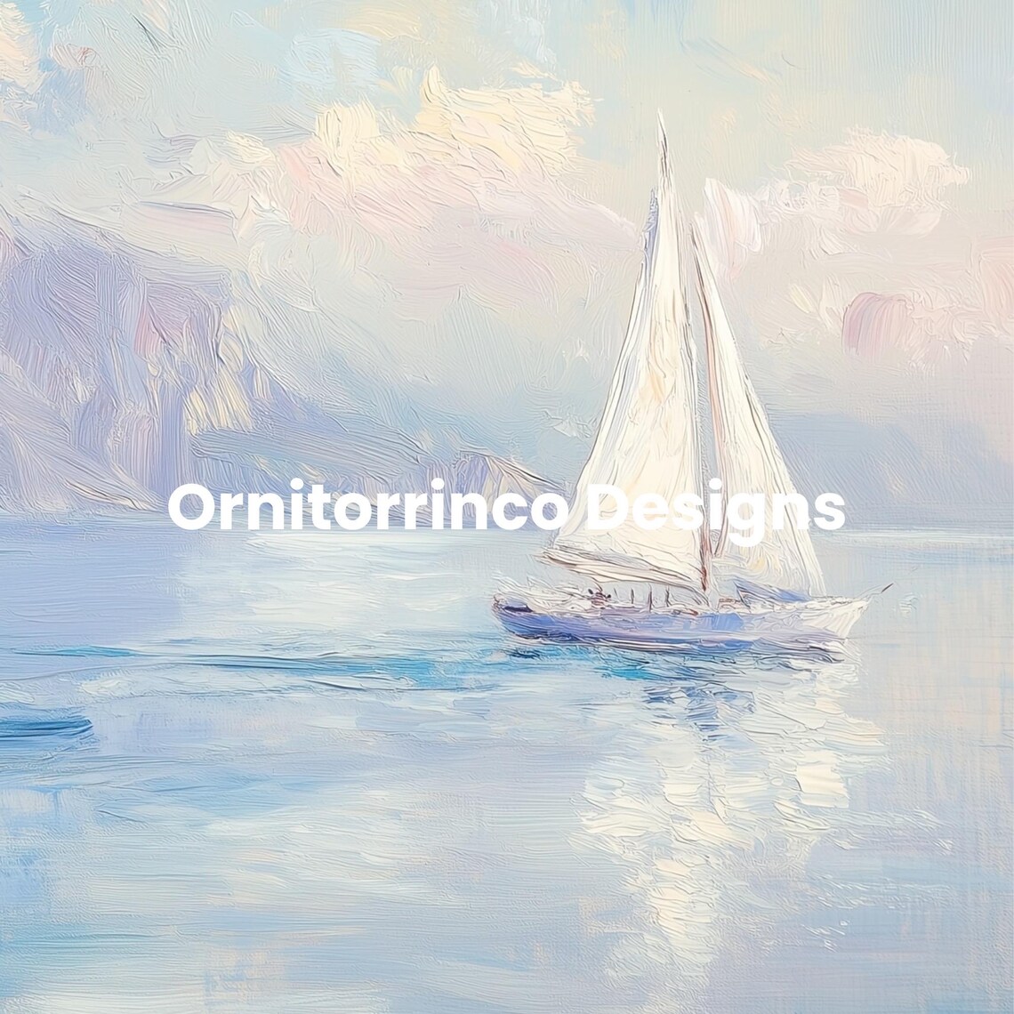 Sailboat Blue Sea Coastal Town Mountain Lake Soft Pastel Travel Poster - Image 2
