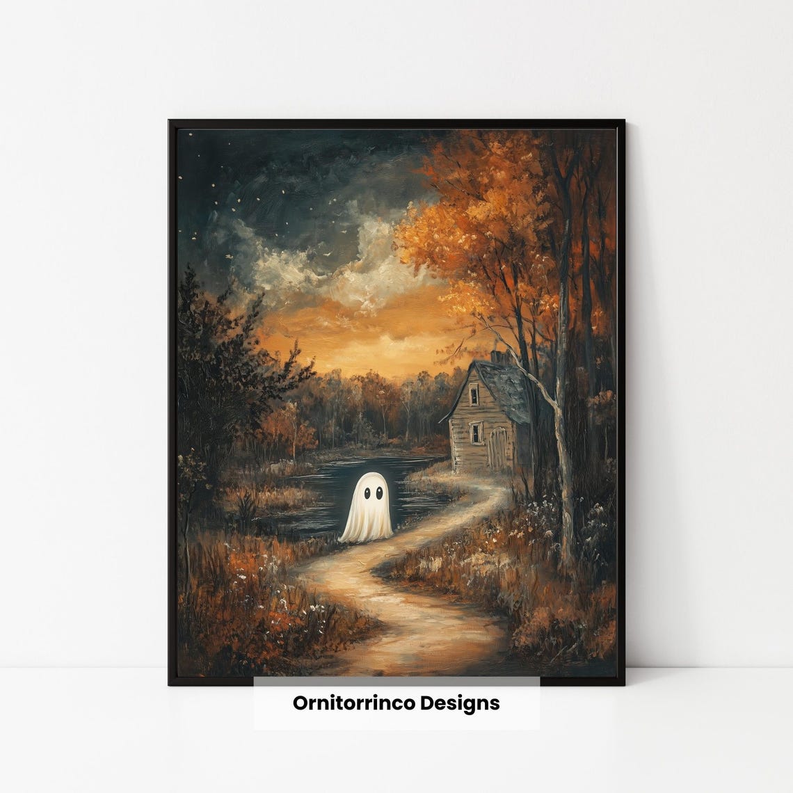 Lonely Ghost Riverside Cabin Path Dusk Spooky Autumn Art Print Poster