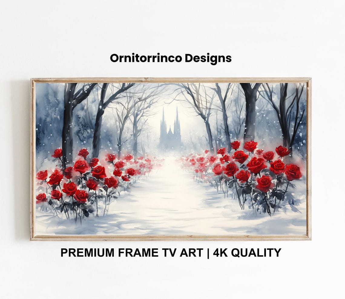Winter Watercolor Red Roses Snowy Path Gothic Cathedral Scene Wall Art - Image 3