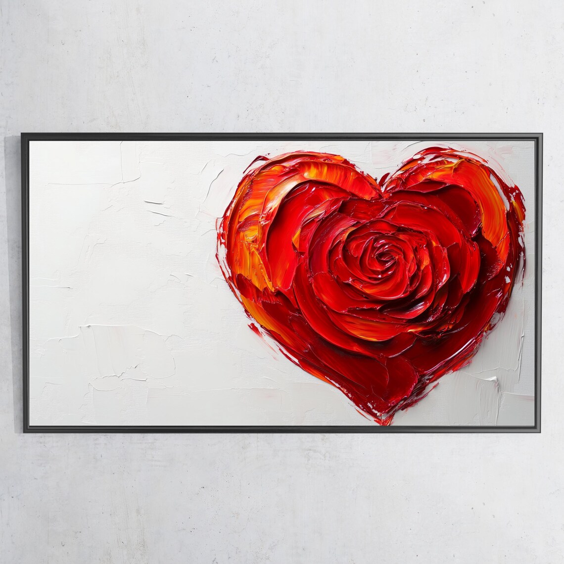 Red Rose Heart Textured Impasto Oil Painting Romantic Wall Art