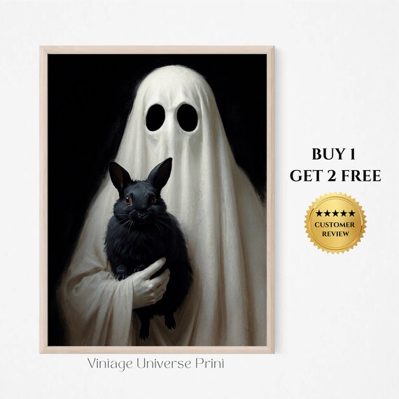 Ghost Holding A Black Bunny On A Dark Background Moody Halloween Portrait Print