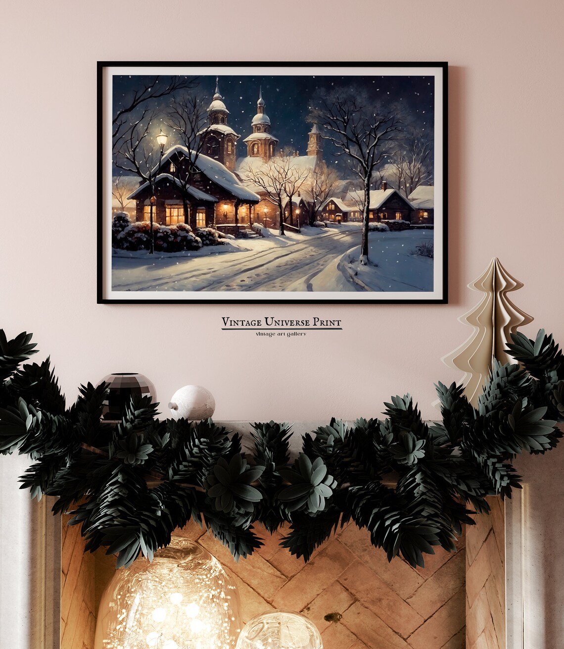 Snowy Village Night Glowing Church Falling Snow Winter Street Poster - Image 3