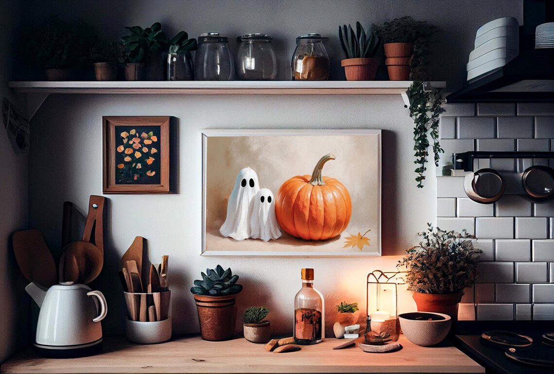 Two Cute Ghosts Posing With A Giant Orange Pumpkin Minimalist Fall Painting Poster - Image 2