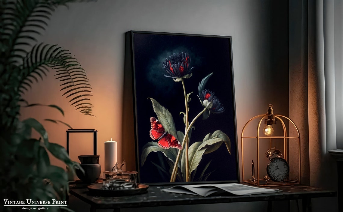 Moody Flower Painting Moody Flower Wall Art Vintage Floral Wall Art Antique Botanical Art Print Farmhouse Wall Art - Image 3