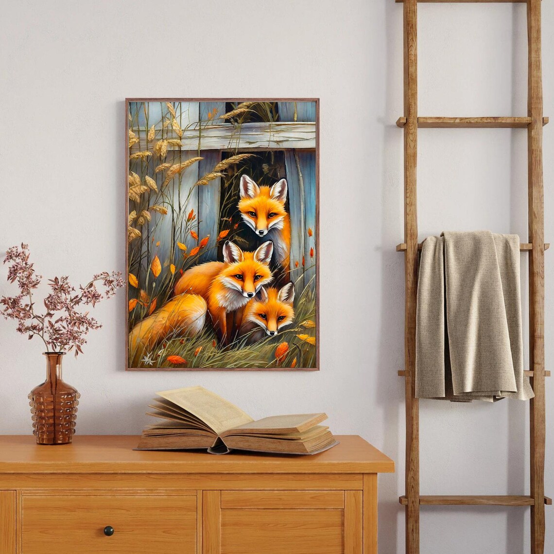 Red Fox Family In Autumn Grass By A Weathered Wooden Fence Print - Image 4