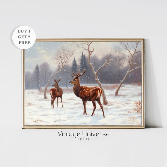 Two Deer Winter Forest Falling Snow Vintage Wildlife Landscape Poster