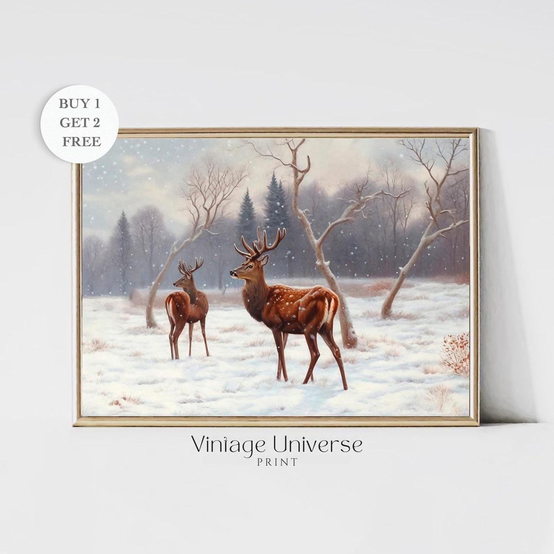 Two Deer Winter Forest Falling Snow Vintage Wildlife Landscape Poster