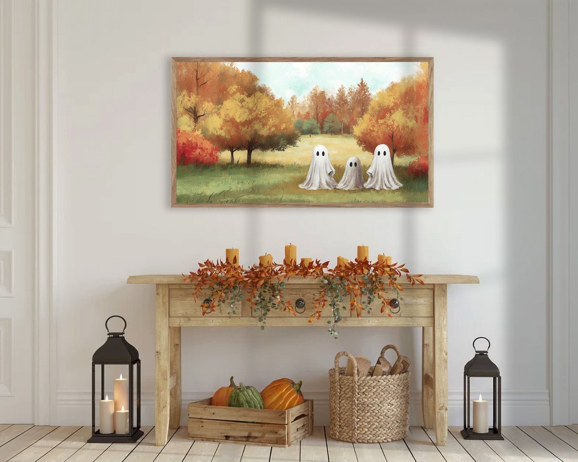 Three Cute Ghosts In Colorful Autumn Meadow Fall Halloween Poster - Image 3
