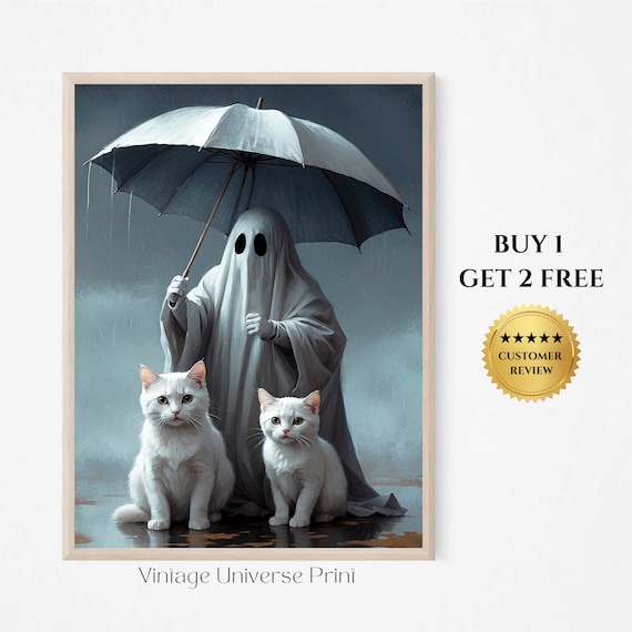 Cute Ghost Holding Umbrella Over Two White Cats In Rain Painting Poster