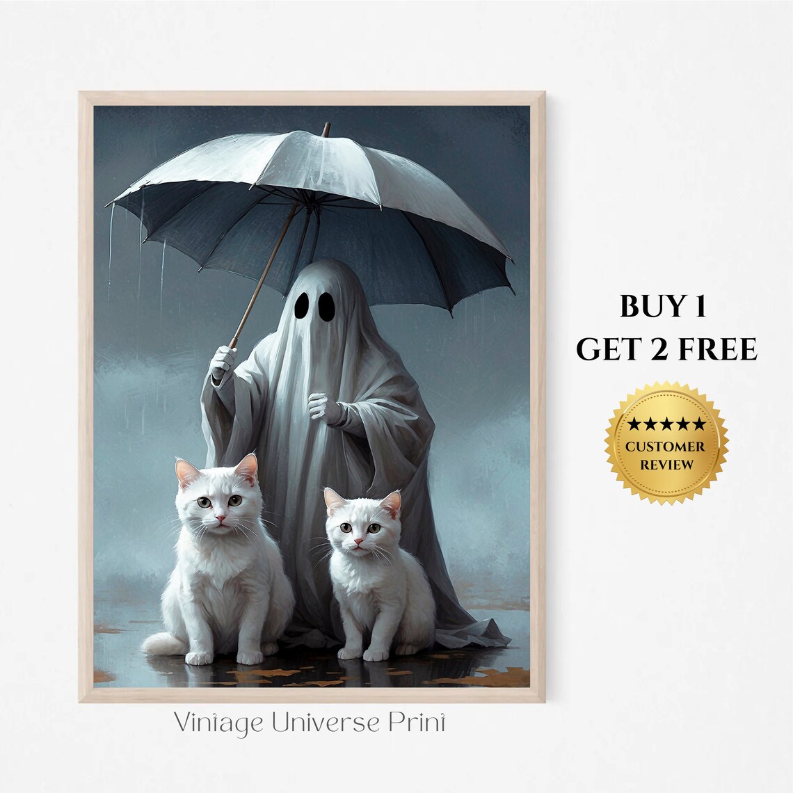 Cute Ghost Holding Umbrella Over Two White Cats In Rain Painting Poster