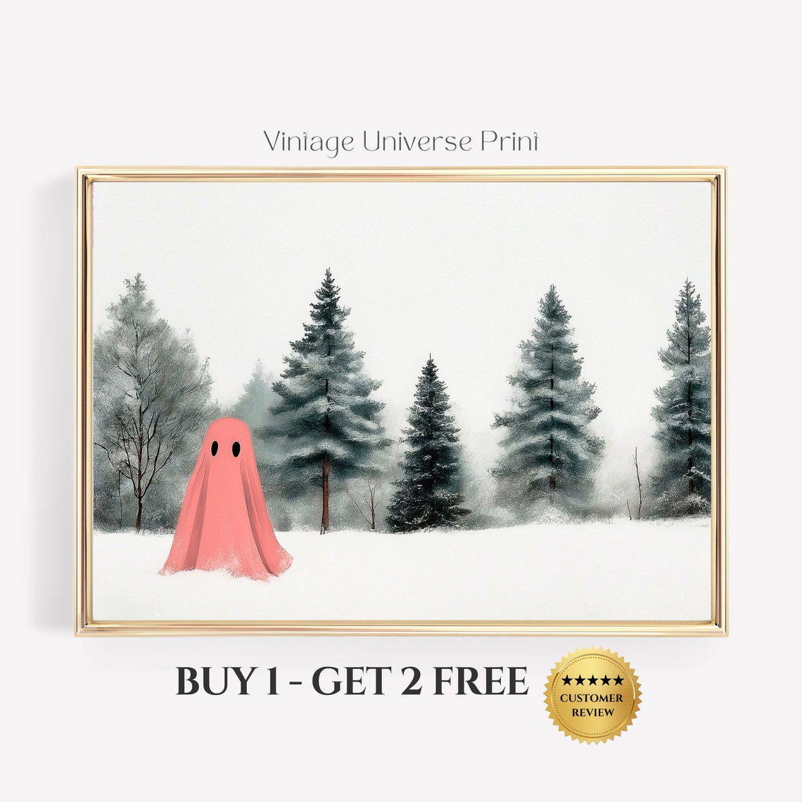 Pink Ghost Among Snowy Pines in Misty Winter Landscape Print