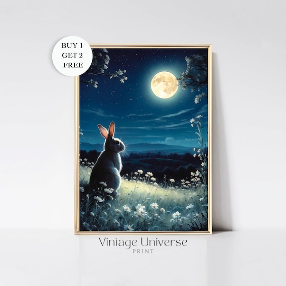 Rabbit Silhouette Gazing at Full Moon in Daisy Field Night Art Print