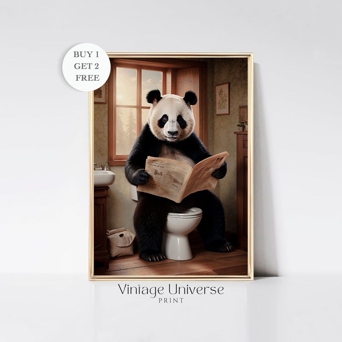 Giant Panda Reading Newspaper While Sitting On Toilet Poster