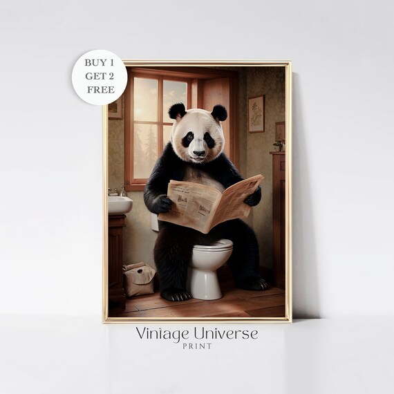 Giant Panda Reading Newspaper While Sitting On Toilet Poster