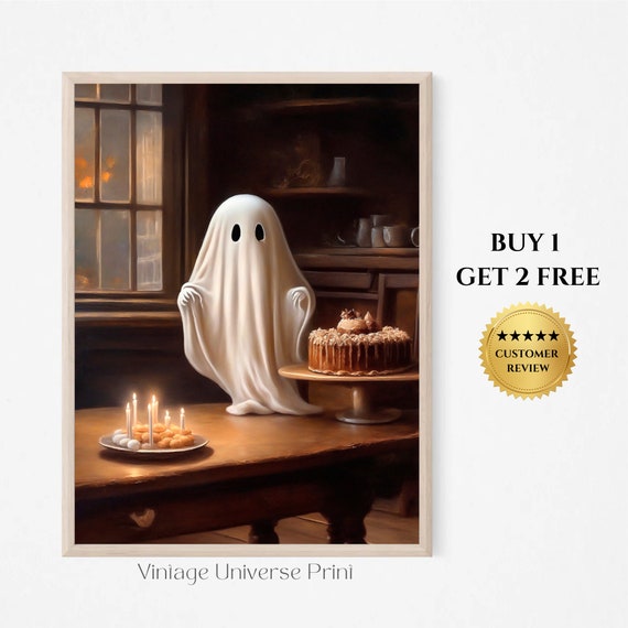 Cute Ghost In Bakery Vintage Painting Ghost Wall Art Cottagecore Artwork Dark Academia Print Halloween Wall Art Ghost Art