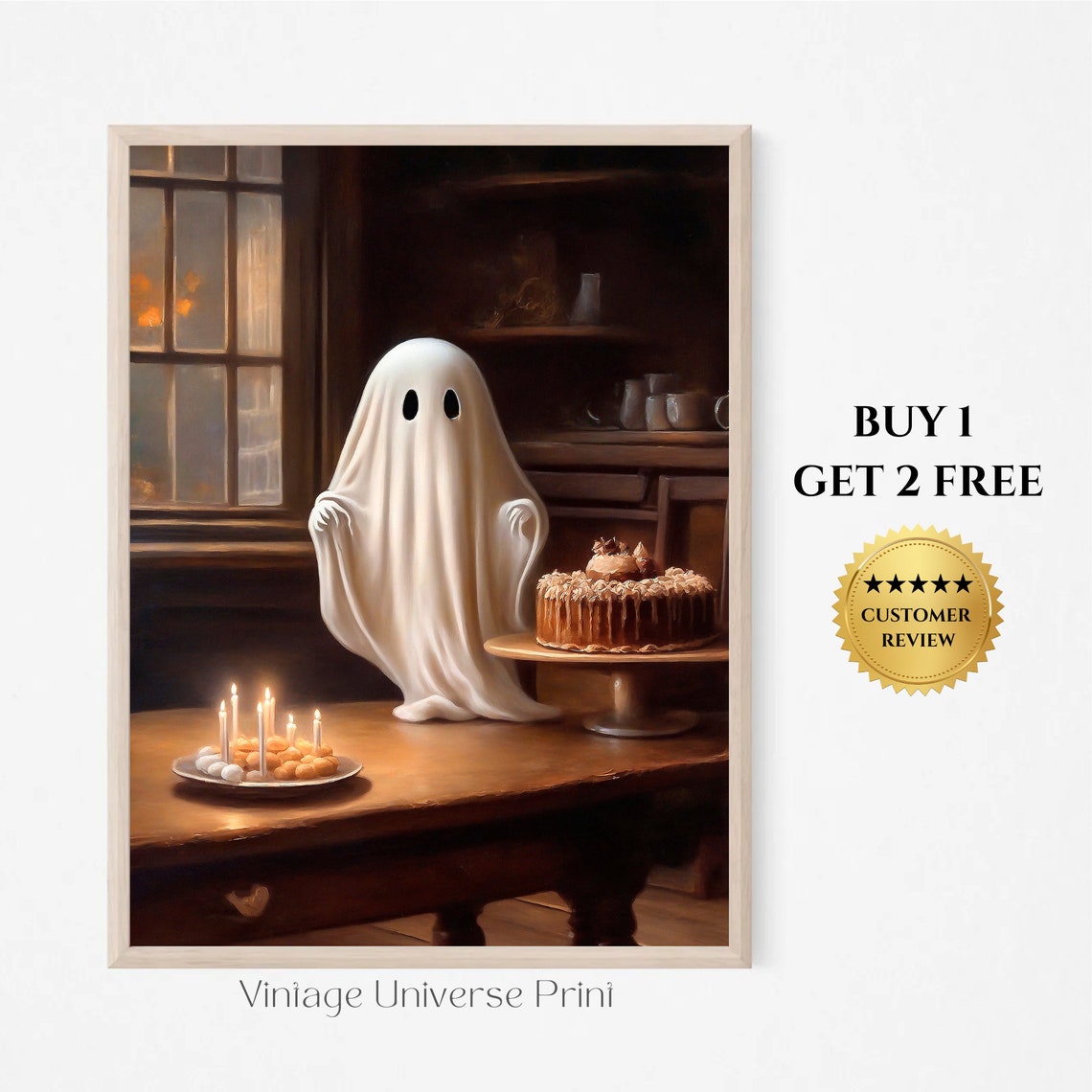 Cute Ghost In Bakery Vintage Painting Ghost Wall Art Cottagecore Artwork Dark Academia Print Halloween Wall Art Ghost Art