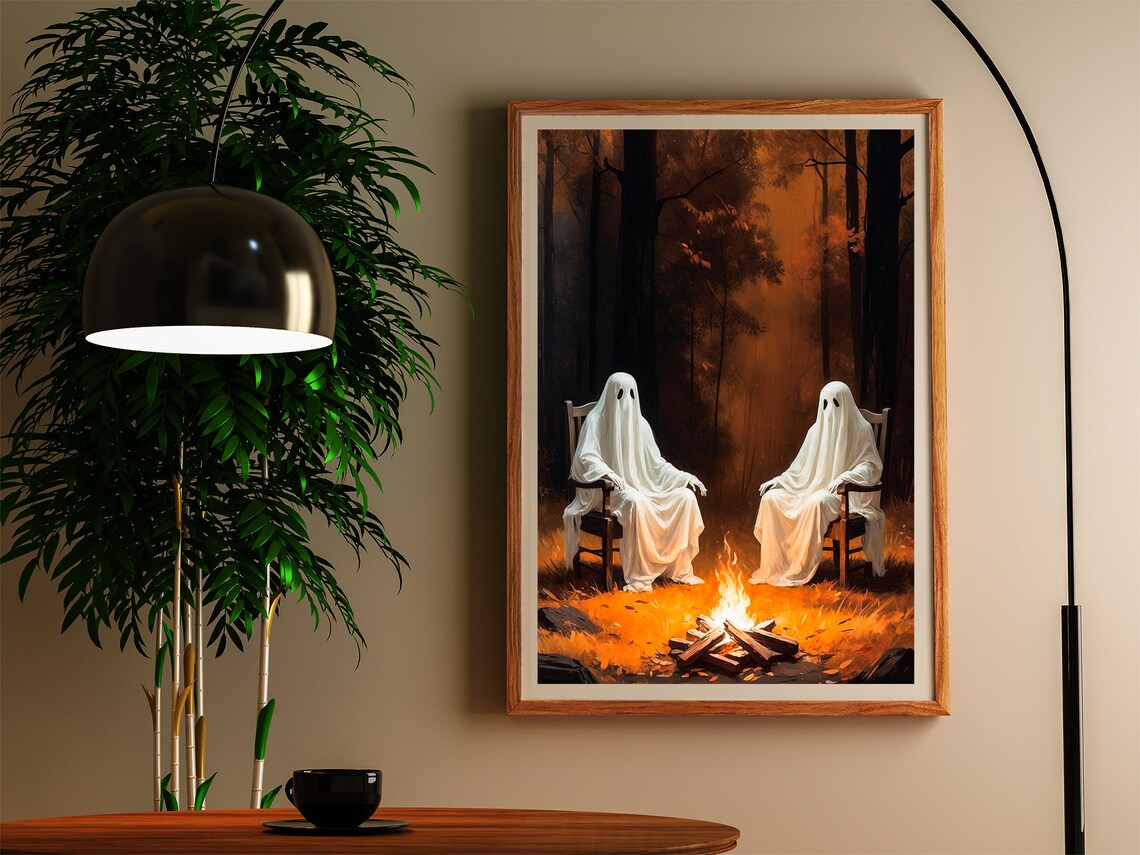 Two Ghosts Sitting By A Crackling Campfire In An Autumn Forest Painting Poster - Image 2
