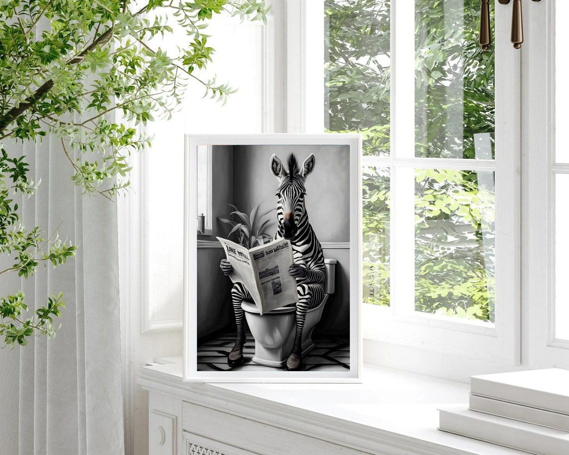 Zebra Reading Newspaper On The Toilet Black And White Poster - Image 4