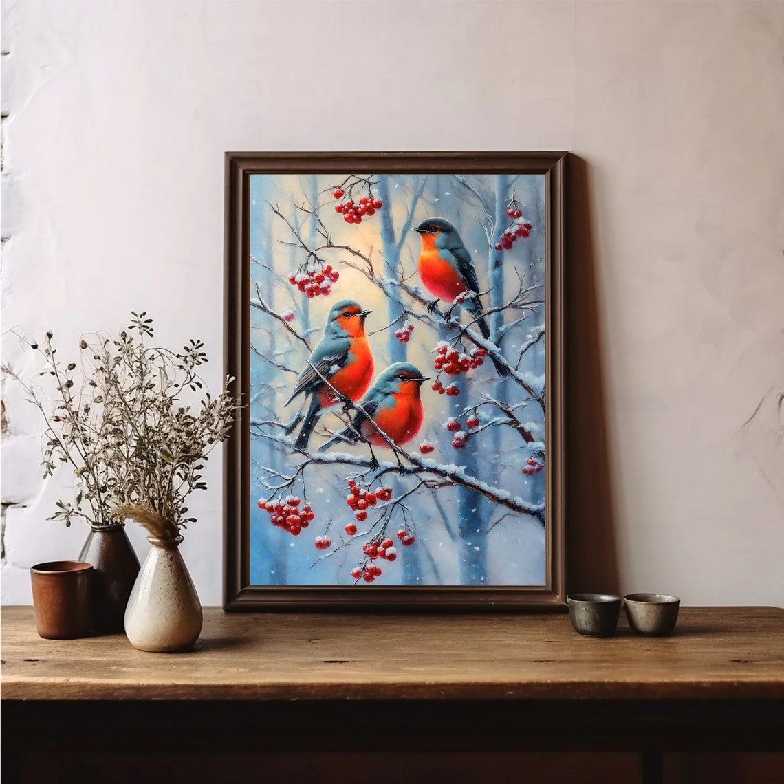 Three Robins Snowy Berry Branches Winter Woodland Bird Art Poster - Image 3