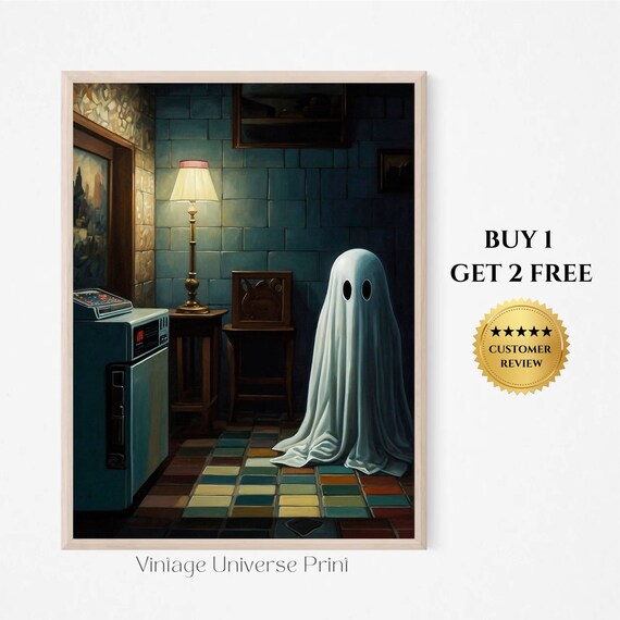 Friendly Sheet Ghost In A Dark Tiled Room Vintage Halloween Poster