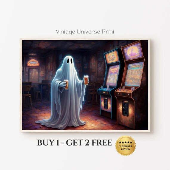 Ghost Holding Two Beers in a Vintage Arcade Room Retro Halloween Poster