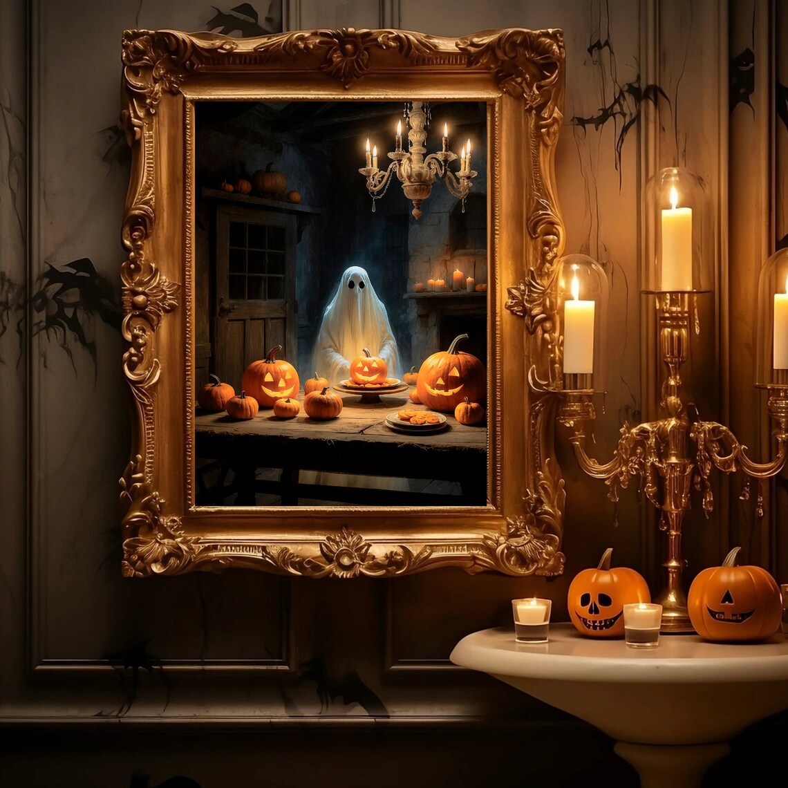 Ghost Behind A Table Of Jack O Lanterns And Pumpkin Pie In A Stone Cottage Print - Image 3
