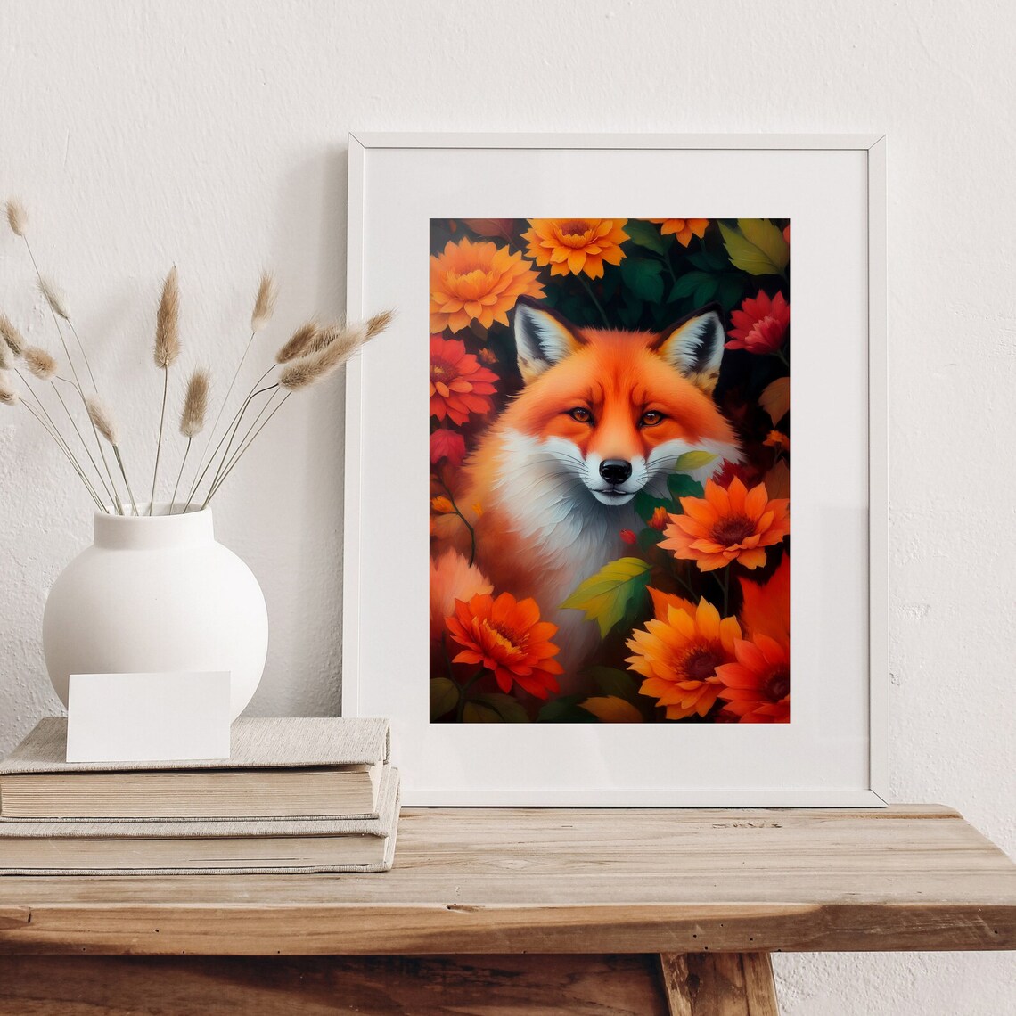 Red Fox Among Autumn Flowers Vintage Oil Painting Animal Wall Art - Image 4
