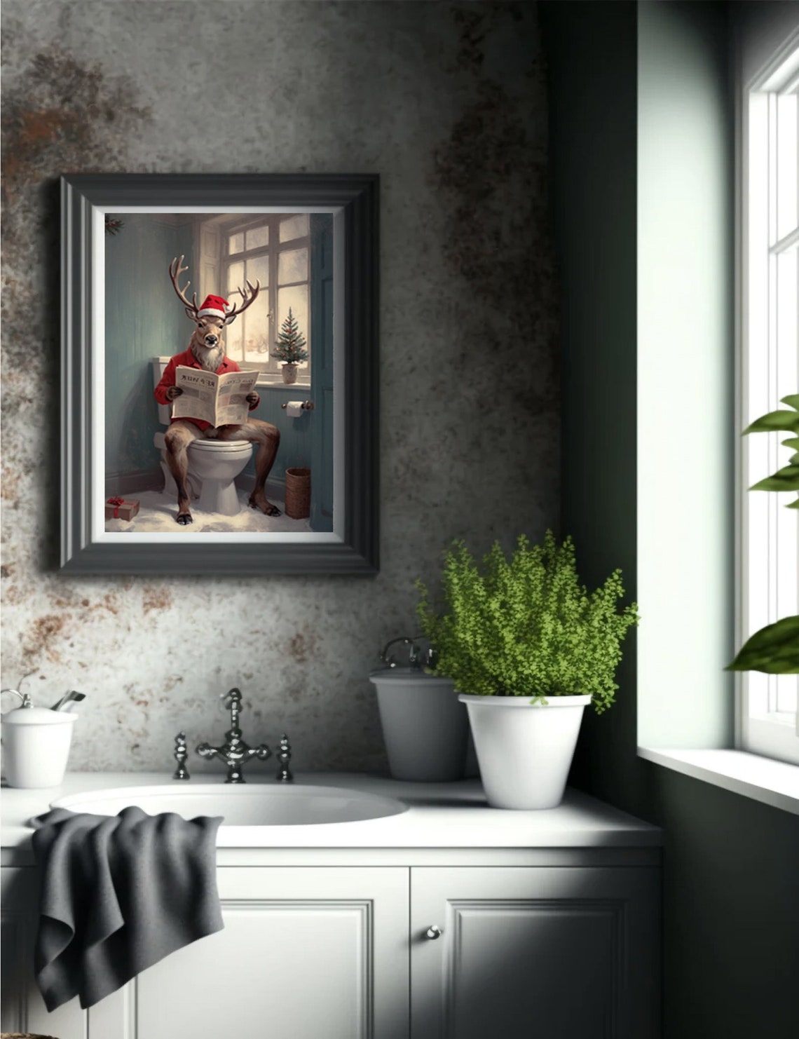 Funny Reindeer On Toilet Christmas Bathroom Humor Santa Hat Poster - Image 2