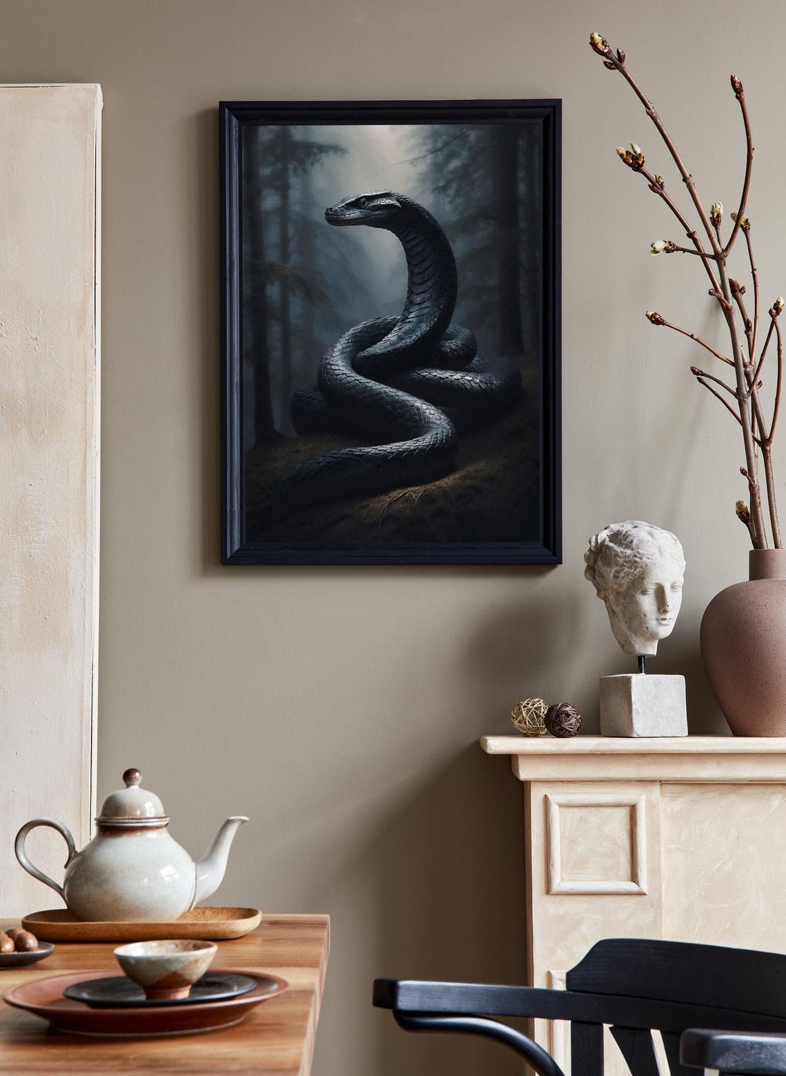 Black Snake Coiled in a Misty Dark Forest Night Reptile Art Print - Image 3