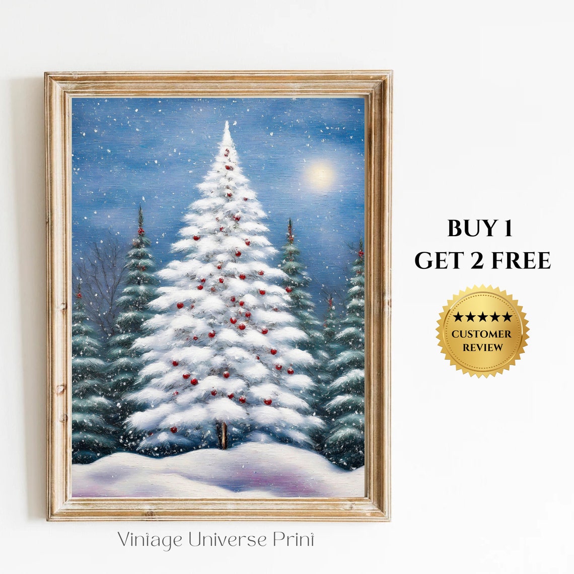 Snowy Christmas Tree Red Ornaments Moonlit Night Winter Poster
