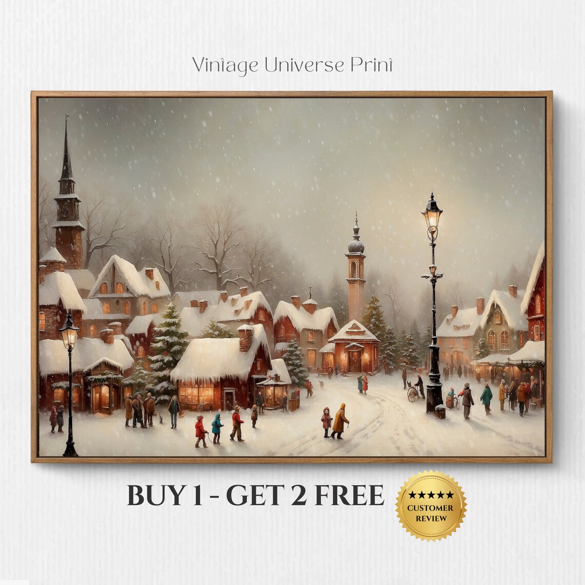 Christmas Town Print Vintage Christmas Wall Art Decorated Christmas Village Streets Moody Snowy Winter Landscape Painting