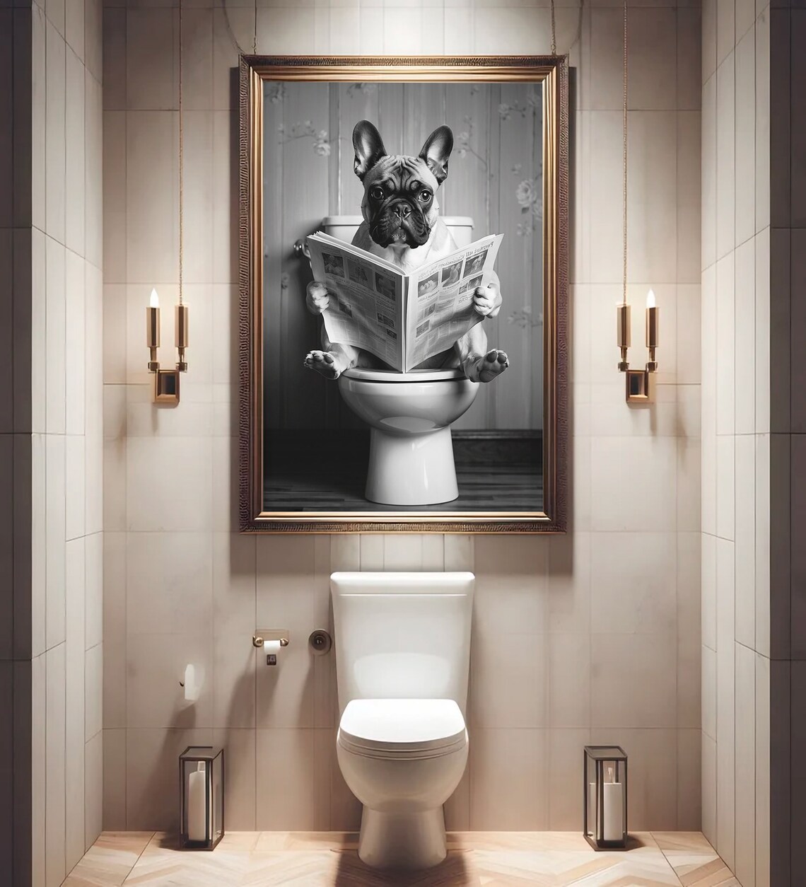 French Bulldog Reading Newspaper On The Toilet Funny Dog Poster - Image 3