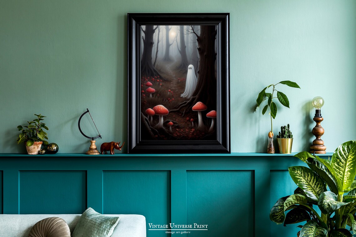 Lonely Ghost in a Foggy Forest Among Red Fly Agaric Mushrooms Spooky Poster - Image 2