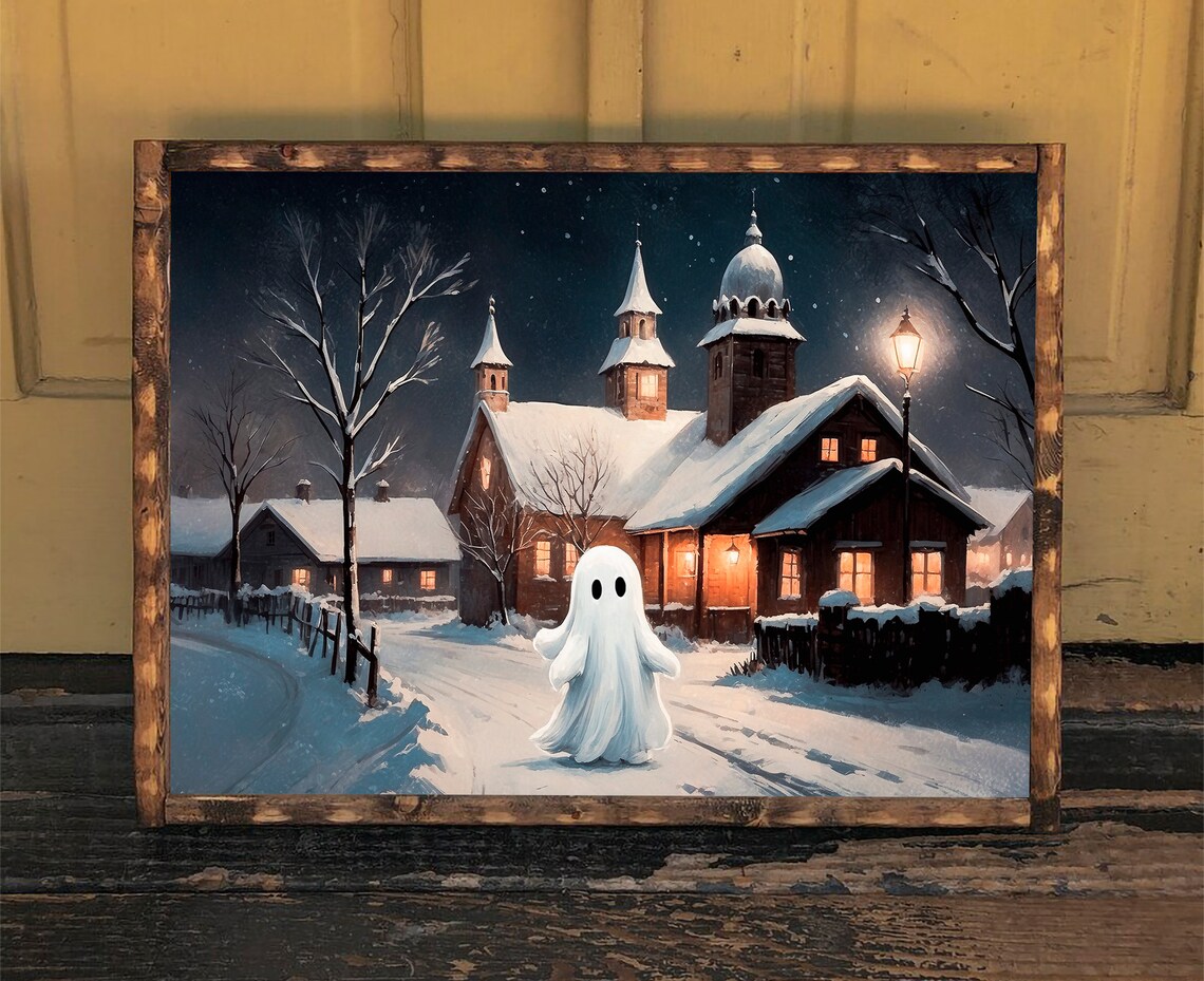 Ghost In The Vintage Winter Village Painting Art Country Christmas Art Print Winter Snowy Cottage Decor Ghost Retro Poster 37 - Image 3