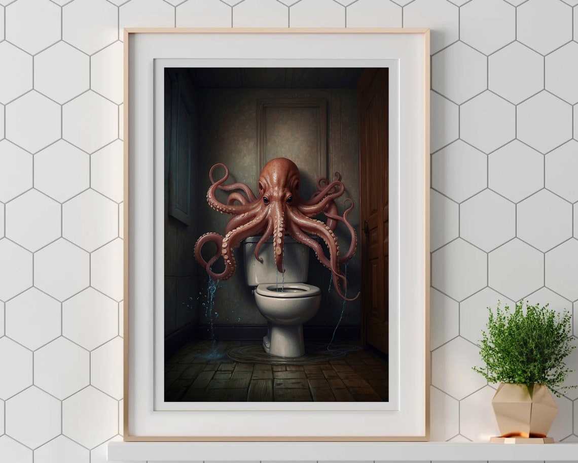 Red Octopus Sitting On Toilet Tank Dark Moody Bathroom Poster - Image 5
