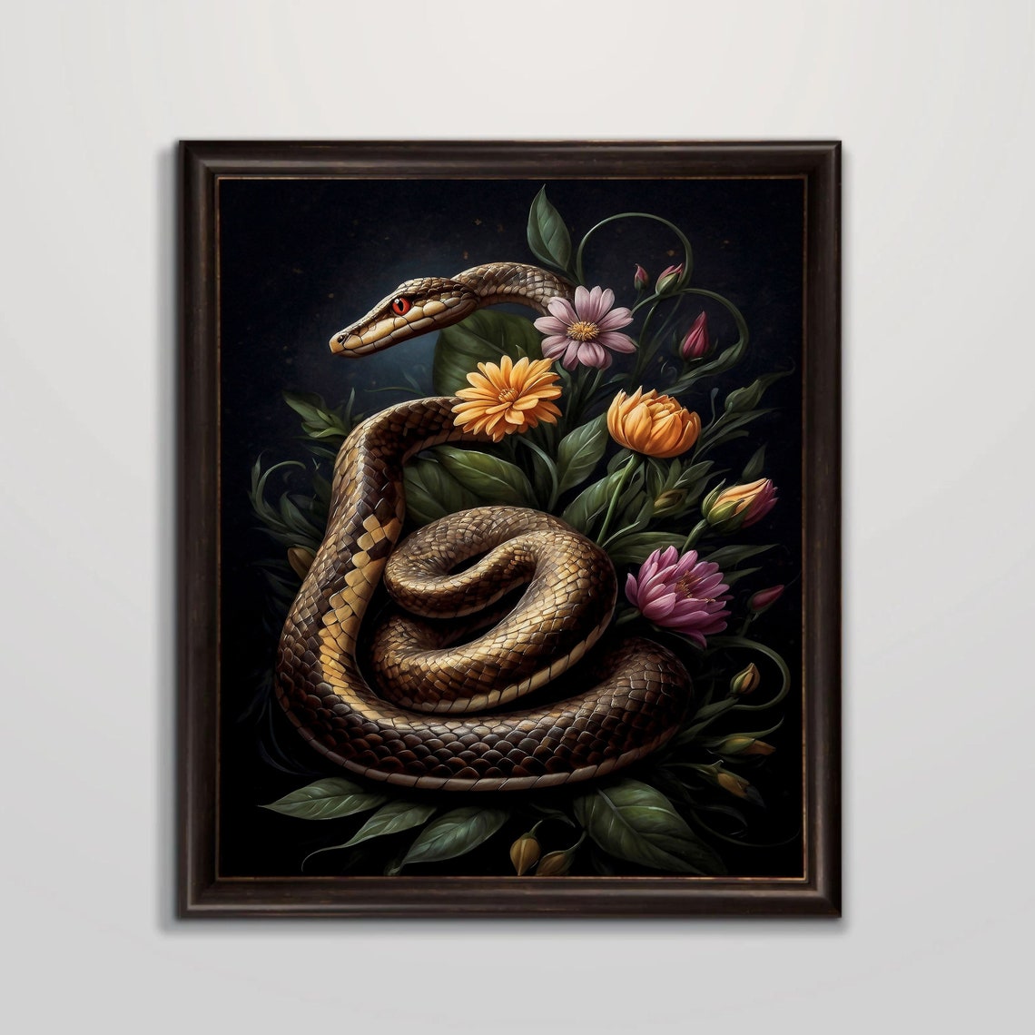 Snake Painting Moody Antique Oil Painting Floral Snake Print Dark Academia Decor Moody Flowers Vintage Print Wall Art - Image 5