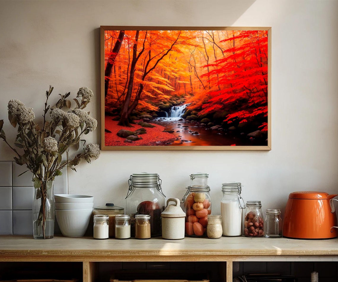 Blazing Red Autumn Forest Waterfall Stream Fiery Fall Poster - Image 2