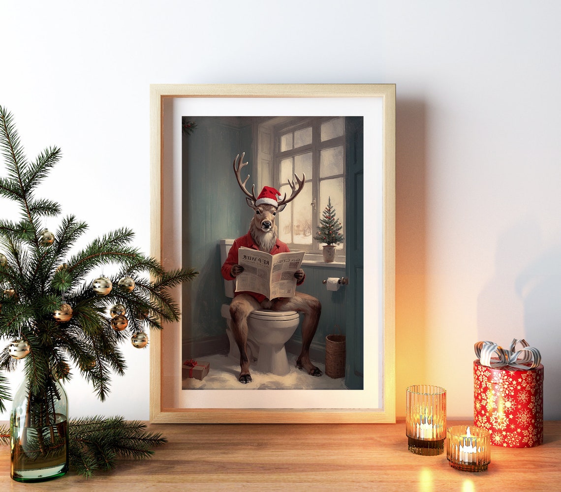 Funny Reindeer On Toilet Christmas Bathroom Humor Santa Hat Poster - Image 3