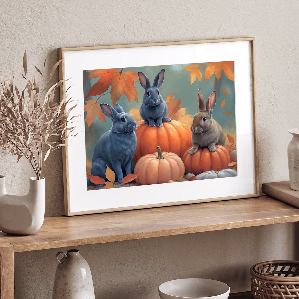 Three Cute Rabbits With Pumpkins Autumn Leaves Fall Animal Poster - Image 3