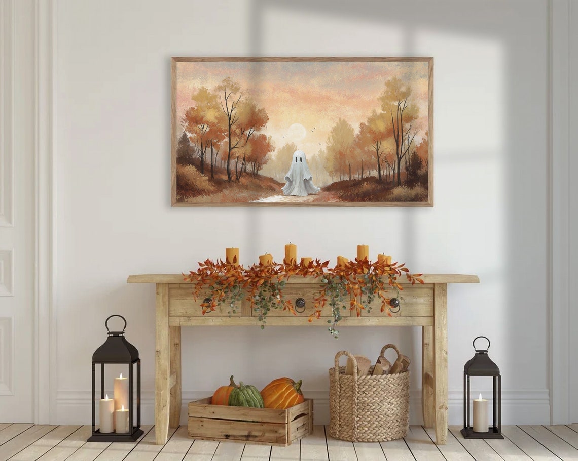 Lonely Ghost In Autumn Woods Under Moon Vintage Halloween Poster - Image 2