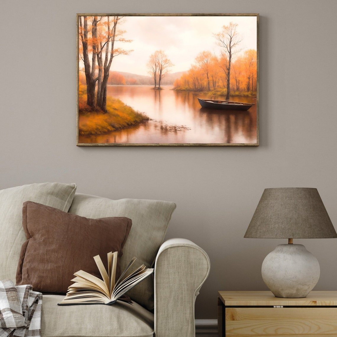 Calm Autumn Lake with a Rowboat and Golden Orange Trees Fall Poster - Image 4