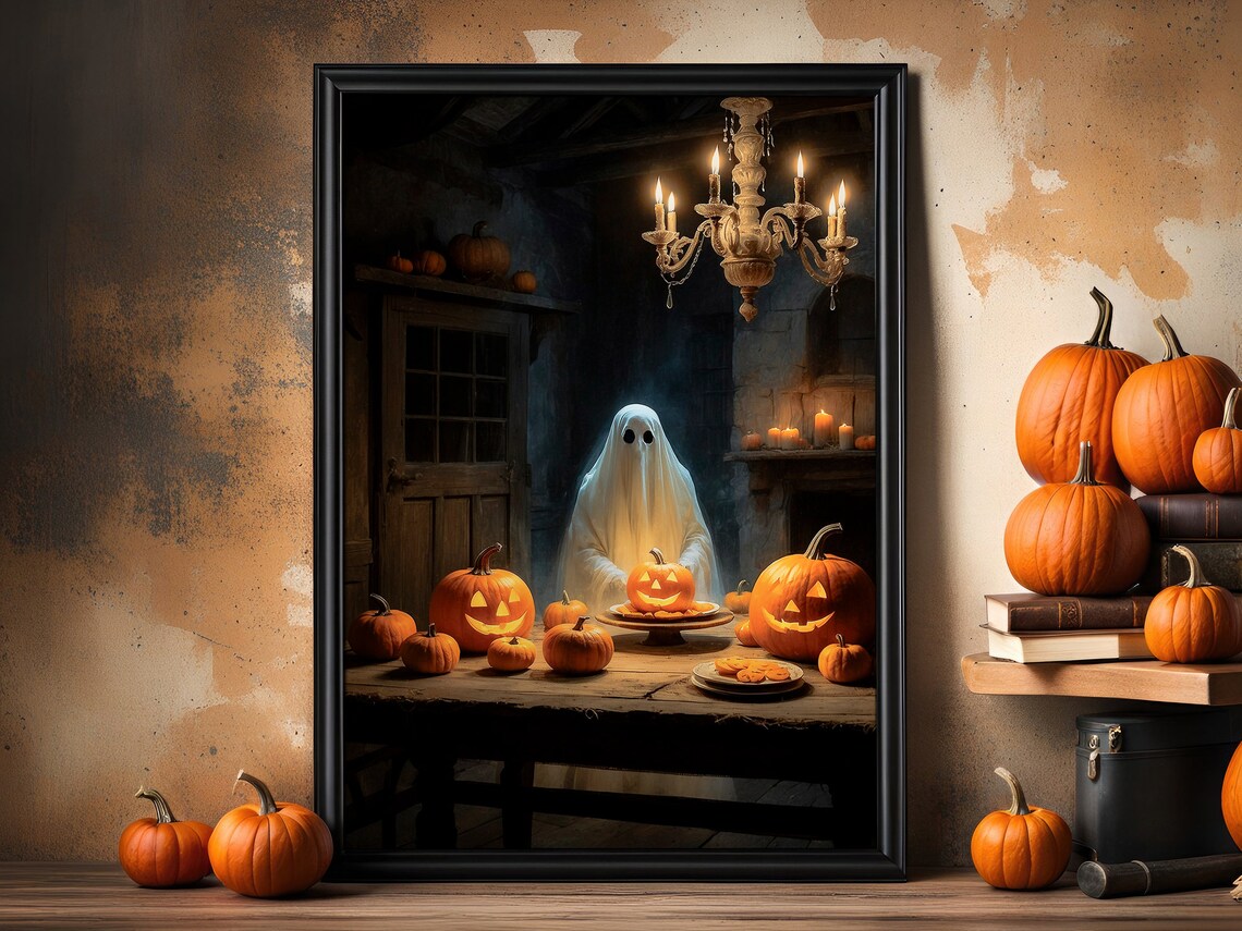 Ghost Behind A Table Of Jack O Lanterns And Pumpkin Pie In A Stone Cottage Print - Image 2