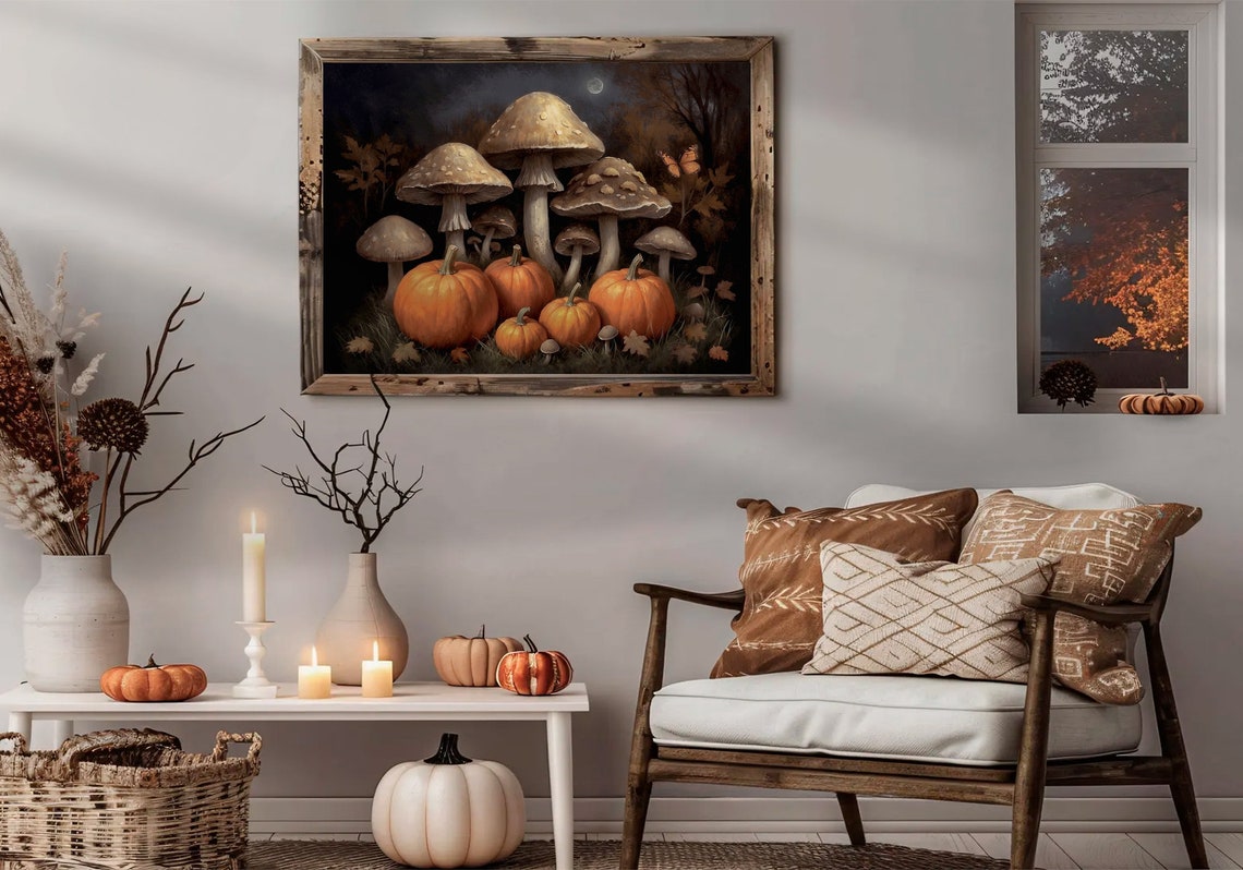 Orange Pumpkins And Giant Mushrooms Moonlit Night Fall Poster - Image 2
